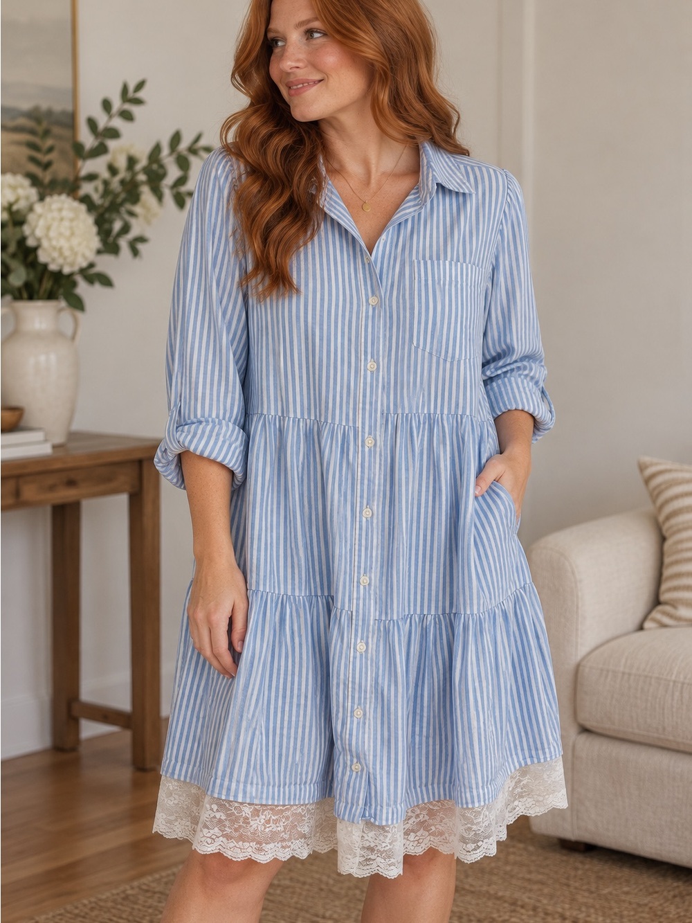 Crown & Ivy Size L Blue White Striped Lace Trim Shirt Dress
